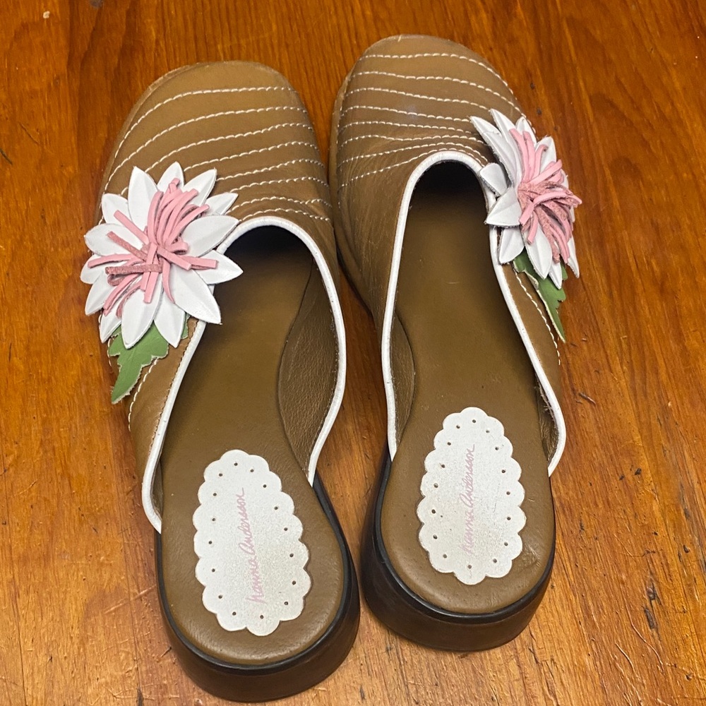 Hanna Andersson Brown Leather Flower Slip-On Sandals with Pink & White Accents
